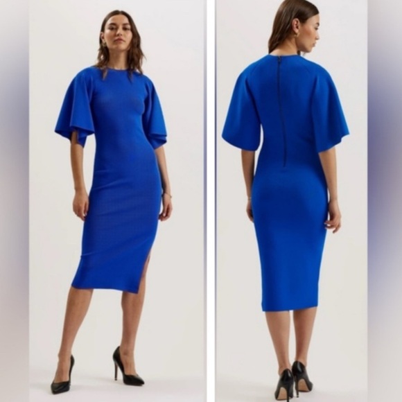 Ted Baker Blue Midi Length Dress with Flutter Sleeves - Picture 1 of 8